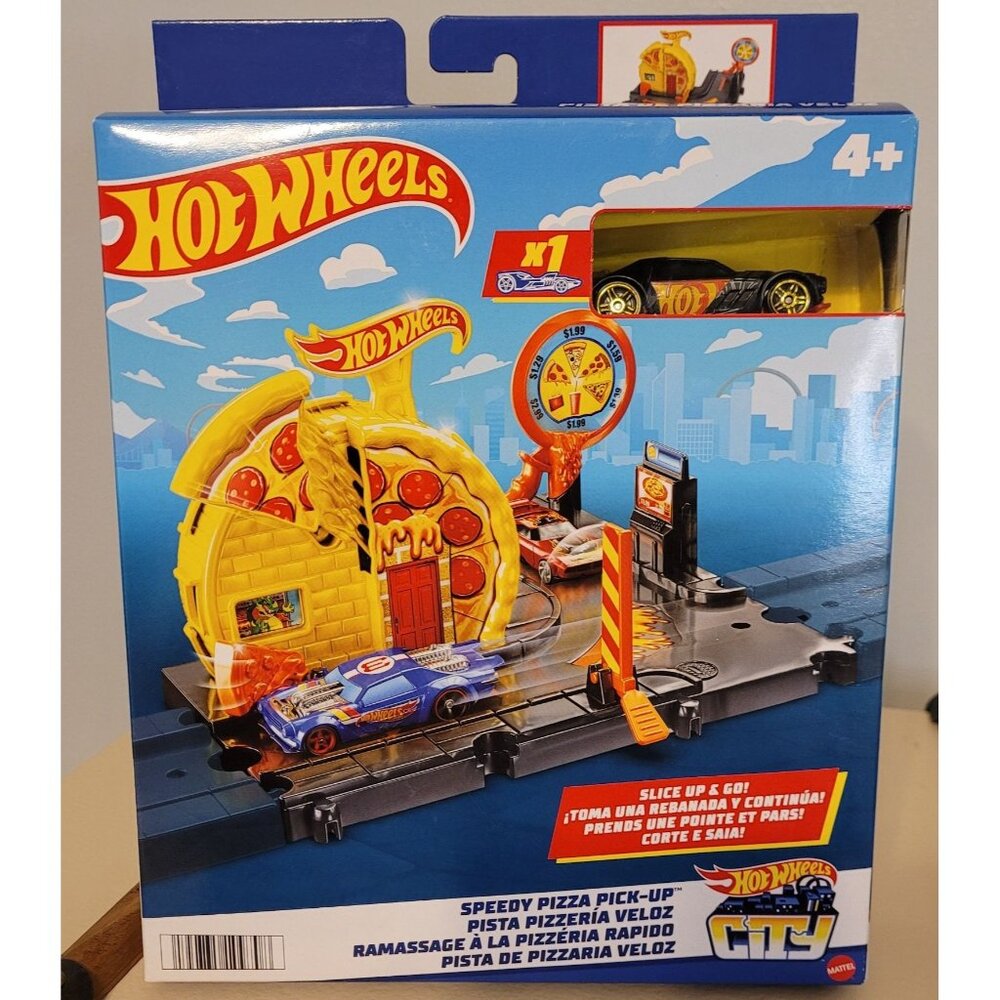 NIB Hot Wheels Speedy Pizza Pick-Up Playset With 1:64 Scale Car & Spinning Signs